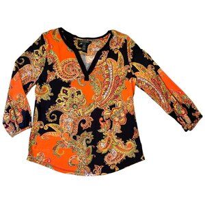 Lauren Ralph Lauren Paisley V-Neck Top Womens Size Medium Orange Navy Boho Chic